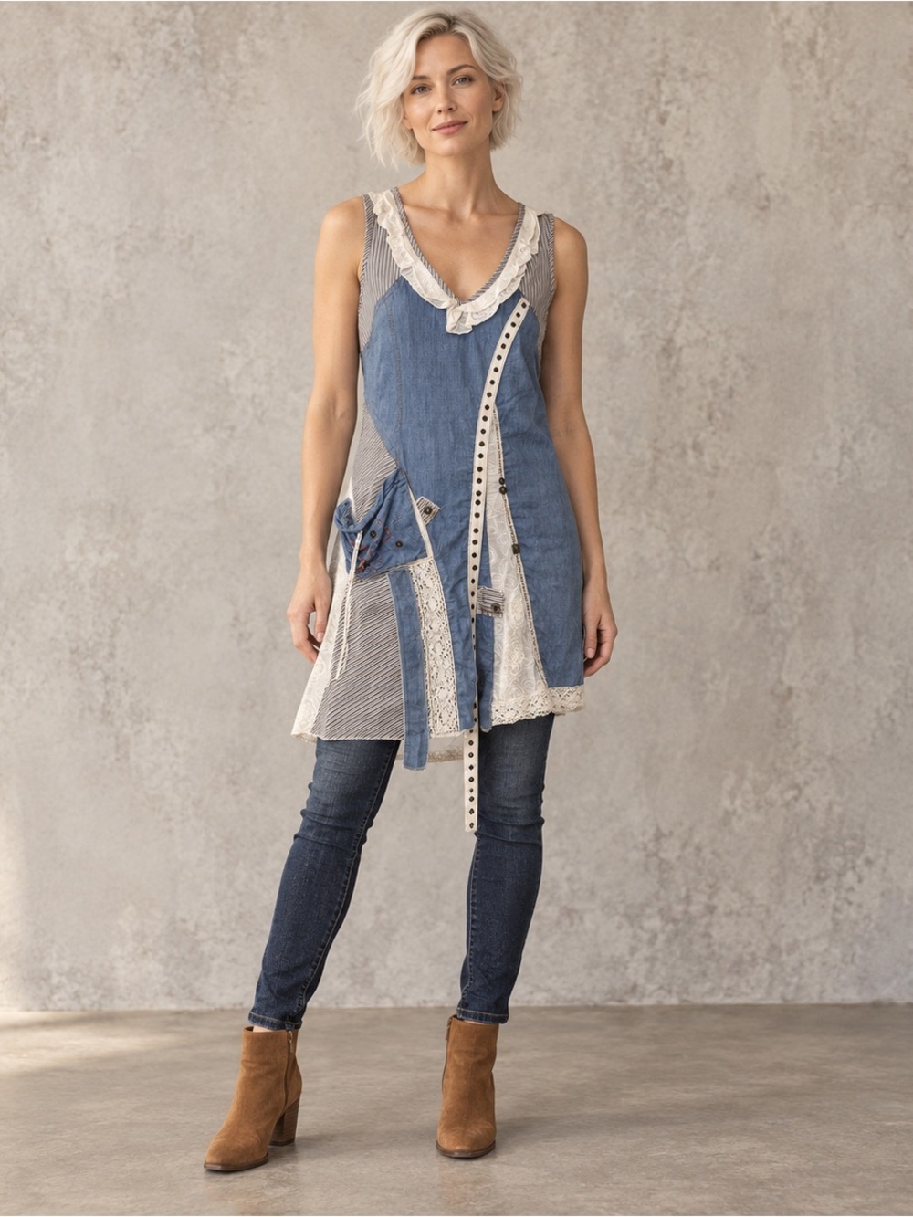 Vintage Y2K Forla Paris Patchwork Denim Lace Long Tunic S